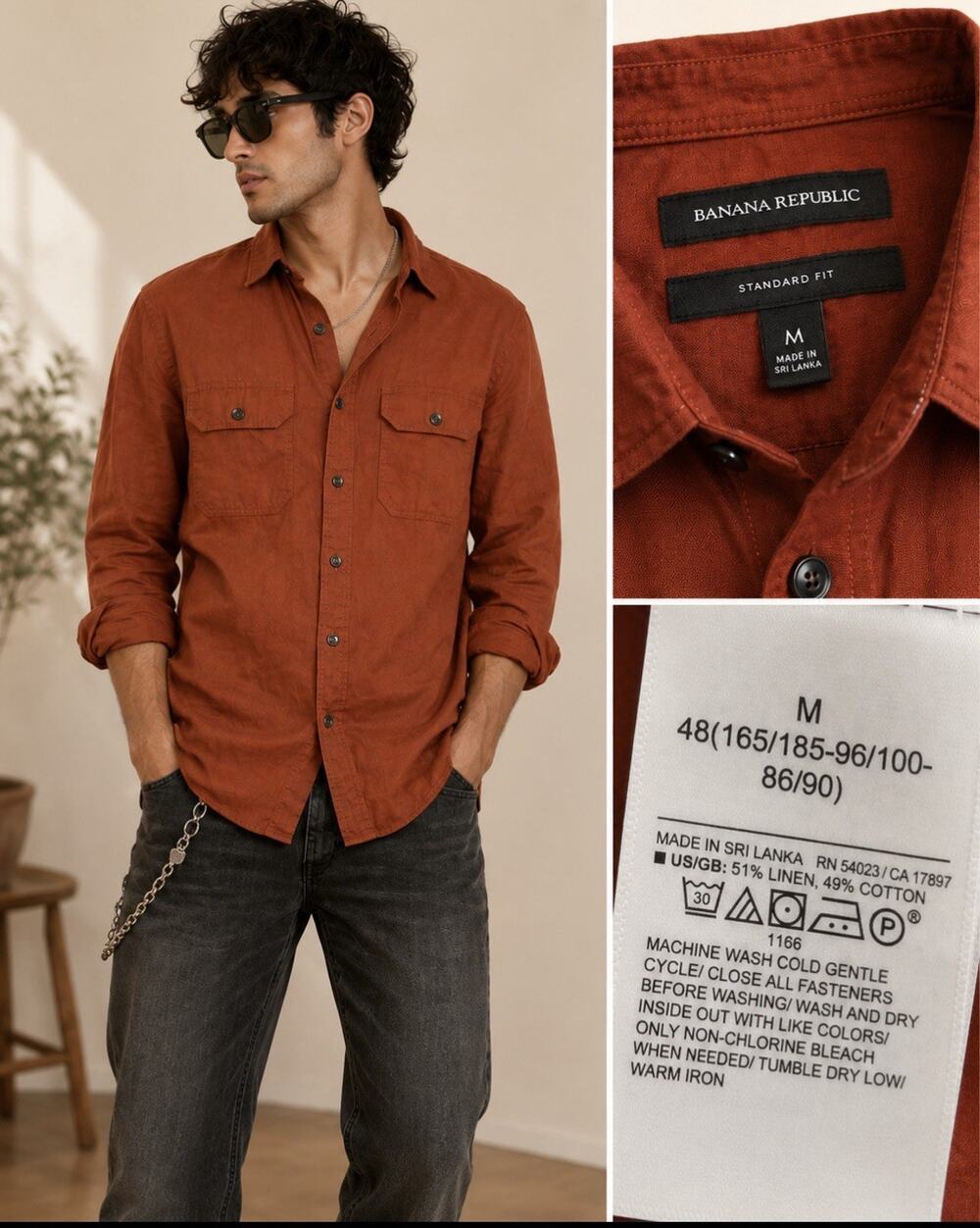 Resort Coastal Banana Republic Standard Fit Button Down Shirt Size M Rust Linen